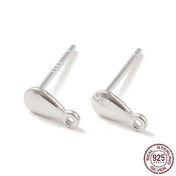 Teardrop 925 Sterling Silver Stud Earring Finddings, with Horizontal Loop, with S925 Stamp, Silver, 7x3mm, Hole: 0.9mm, Pin: 11x0.6mm