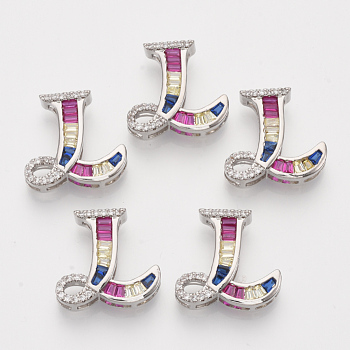 Brass Cubic Zirconia Slide Charms, Real Platinum Plated, Colorful, Letter, Letter.L, 18x19x6mm, Hole: 1.5x4mm and 1.5x7mm