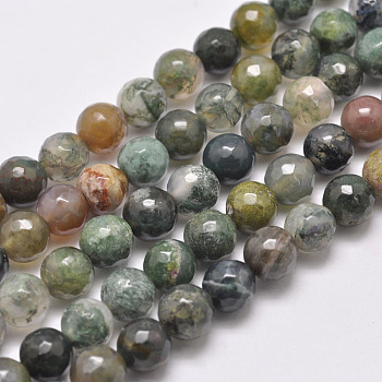 Natural Indian Agate Beads Strands, Round, Faceted, Dark Green, 4mm, Hole: 1mm, about 92pcs/strand, 14 inch
