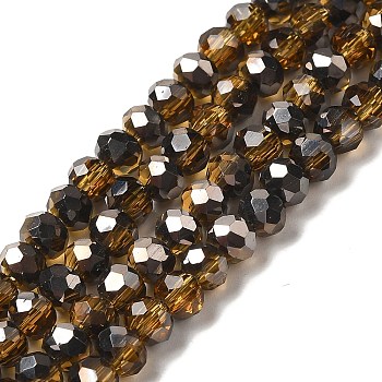 Electroplate Transparent Glass Beads Strands, Half Black Plated, Faceted, Rondelle, Saddle Brown, 4x3mm, Hole: 0.4mm, about 123~127pcs/strand, 16.5~16.9 inch(42~43cm)