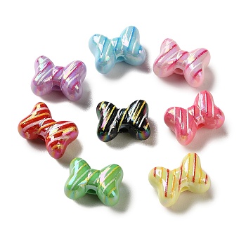 Electroplate Printed Opaque Acrylic Beads, Bowknot with Diagonal Stripe, Mixed Color, 11x15x8.5mm, Hole: 2mm