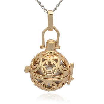 Golden Tone Brass Hollow Round Cage Pendants, with No Hole Spray Painted Brass Round Ball Beads, Silver, 35x25x21mm, Hole: 3x8mm