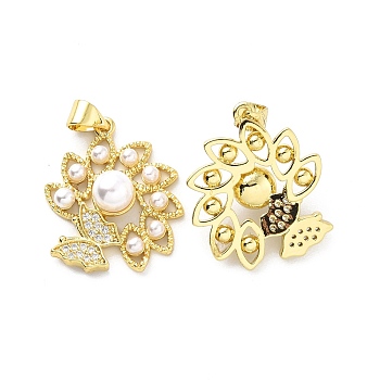 Brass Clear Cubic Zirconia Pendants, with ABS Plastic Imitation Pearl, Flower & Butterfly Charm, Real 18K Gold Plated, 23.5x20x7mm, Hole: 3.5x4.5mm