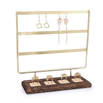 Iron 3-Tier Finger Ring &  Earring Display Stand, with Burlap & Wood Base, Golden, 25x9x24.8cm