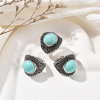 Synthetic Turquoise Adjustable Rings, Lead Free & Cadmium Free, Antique Silver Plated Brass Finger Rings for Women, 22.5mm, Inner Diameter: 17mm