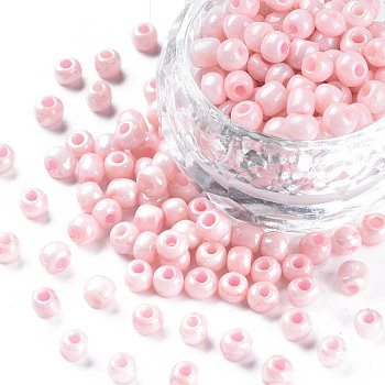 6/0 Glass Seed Beads, Dyed & Heated, Opaque Colours Luster, Round Hole, Round, Pink, 4~5x3~4mm, Hole: 1.2mm, about 450g/pound