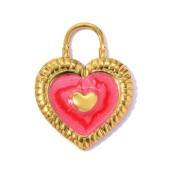 304 Stainless Steel Enamel Pendants, Heart Charms, Ion Plating(IP), Real 18K Gold Plated, Red, 24x18mm, Hole: 5.5mm