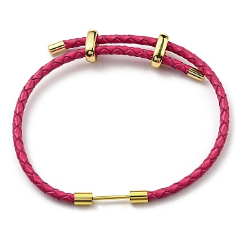 Brass Column Bar Link Bracelet with Leather Cords, Adjustable Bracelet for Women, Cerise, Inner Diameter: 5/8~3 inch(1.6~7.5cm)