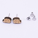 Natural Wood Stud Earrings, with Stainless Steel Stud Earring Findings and Ear Nuts, Hedgehog, Bisque, Stainless Steel Color, 10.5x7x4mm, Pin: 0.6mm(EJEW-WH0005-05)