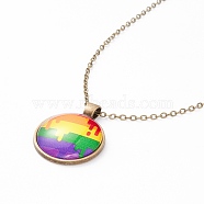 Rainbow Pride Necklace, Flat Round with Pattern Pendant Necklace for Men Women, Antique Bronze, Stripe Pattern, 20.08 inch(51cm) (NJEW-F290-01I)