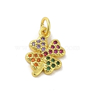 Real 18K Gold Plated Brass Pave Cubic Zirconia Pendants, with Jump Rings, Clover, Colorful, 15x11x2mm, Hole: 3mm(KK-M283-09E-02)