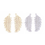 Brass Pendants, Etched Metal Embellishments, Lead Free & Nickel Free, Long-Lasting Plated, Feather, Mixed Color, 33.5x13x0.3mm, Hole: 1.4mm(KKC-S001-038)