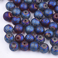 Electroplate Glass Beads, Frosted, Round with Pattern, Blue, 8~8.5mm, Hole: 1.5mm(EGLA-S178-03C)