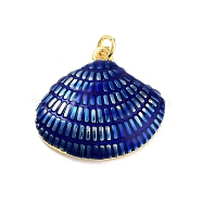 Real 18K Gold Plated Rack Plating Brass Enamel Pendants, with Jump Ring, Long-Lasting Plated, Lead Free & Cadmium Free, Shell Shape Charm, Blue, 23x25x5.5mm, Hole: 3mm(KK-M293-32G-02)