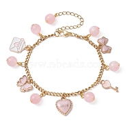 Valentine's Day Alloy Enamel & Resin Charm Bracelet, Heart & Rose & Lip Bracelets with 304 Stainless Steel Chains, Pink, 7-3/8 inch(18.7cm), Chain Extender: 64mm(BJEW-JB09565-02)
