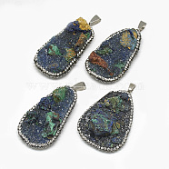 Natural Azurite Big Pendants, with Rhinestone and Brass Finding, Nuggets, Platinum, 52~58x32~42x15~25mm, Hole: 9x6mm(G-S334-025)