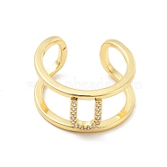 Clear Cubic Zirconia Initial Letter Open Cuff Ring, Real 18K Gold Plated Brass Double Line Ring for Women, Lead Free & Cadmium Free, Letter.U, US Size 6(16.5mm)(RJEW-A012-01G-U)