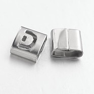 Tarnish Resistant Letter Style 201 Stainless Steel Square Slide Charms, Letter.D, 9x8x4mm, Hole: 8x3mm(STAS-L132-01)