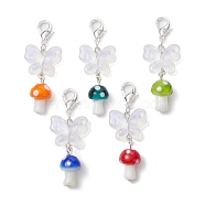 Mushroom Handmade Lampwork & Acrylic Butterfly Pendant Decorations, with Alloy Lobster Claw Clasps, Mixed Color, 58.5mm(HJEW-JM01405)