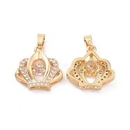 Brass Micro Pave Clear Cubic Zirconia Pendants, Crown Charm, Real 18K Gold Plated, 16x16x4.3mm, Hole: 5x2.7mm(KK-E068-VC285)