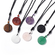 Natural Gemstone Flat Round with Tree of Life Pendant Necklace with Nylon Cord for Women, 25.59~27.95 inch(65~71cm)(NJEW-P274-03)