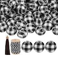 50Pcs Natural Wooden Beads with Tartan Pattern, 10Pcs Polyester Tassel Big Pendant Decorations, 1 Roll Cotton String Threads, for DIY Jewelry Finding Kits, Black, 16mm, Hole: 4mm, 50pcs/bag(DIY-SZ0003-11A)