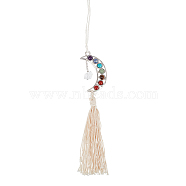 Alloy Moon Pendant Decoration, with Chakra Natural Gemstone Cabochons & Dangling Quartz Crystal Charms, Cotton Cord Macrame Car Hanging Ornament, 315~320mm(HJEW-WH0043-22A)