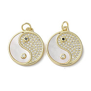 Brass Micro Pave Cubic Zirconia Pendants, with Shell, Yin-yang, Real 18K Gold Plated, 20x18x2.5mm, Hole: 3mm(KK-G485-07G)