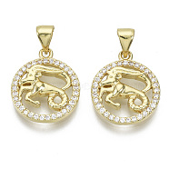 Brass Micro Pave Cubic Zirconia Pendants, Nickel Free, with Snap on Bail, Flat Round with Constellation, Clear, Real 18K Gold Plated, Capricorn: 17.5x15x3mm, Hole: 4x3mm(ZIRC-S061-199I-G-NF)