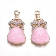 Light Gold Plated Alloy Enamel Pendants, with Crystal Rhinestone, Dress, Pink, 27.5x13.5x3.5mm, Hole: 1.5mm(PALLOY-TAC0011-05)