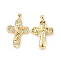 Brass Micro Pave Cubic Zirconia Pendants, Religion Cross with Bird & Flower Charm, Golden, 37.5x23.5x3.5mm, Hole: 5x3mm(ZIRC-P106-06G)