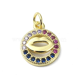 Brass Micro Pave Cubic Zirconia Pendants, with Jump Ring, Real 18K Gold Plated, Lip Charm, Colorful, 15x12x2.5mm, Hole: 3mm(KK-H475-25G-01)