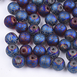 Electroplate Glass Beads, Frosted, Round with Pattern, Blue, 8~8.5mm, Hole: 1.5mm(EGLA-S178-03C)