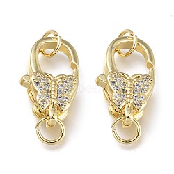 Brass Micro Pave Clear Cubic Zirconia Lobster Claw Clasps, with Jump Rings, Long-Lasting Plated, Butterfly, Real 18K Gold Plated, 16x9.5x6mm, Hole: 3.5mm(ZIRC-Q024-17G)