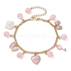 Valentine's Day Alloy Enamel & Resin Charm Bracelet, Heart & Rose & Lip Bracelets with 304 Stainless Steel Chains, Pink, 7-3/8 inch(18.7cm), Chain Extender: 64mm(BJEW-JB09565-02)