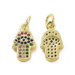 Brass Micro Pave Cubic Zirconia Charms, Real 18K Gold Plated, with Jump Ring, Hamsa Hand/Hand of Fatima/Hand of Miriam with Eye , Colorful, 13.5x8x2.5mm, Jump Ring: 5x0.8mm, Inner Diameter: 3.2mm(KK-E068-VF088)