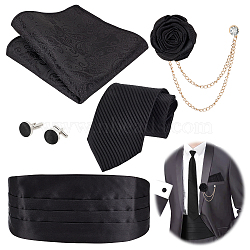 Garment Accessories Kits, Including Polyester Elastic Waist Belt, Alloy Hanging Chain Brooches, Polyester Men's Suit Necktie & Pocket Kerchief, Iron & Polyester Cufflinks, Black(FIND-GA0003-50)