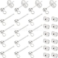 60Pcs 304 Stainless Steel Ball Stud Earrings Post, with Loop and Ear Nuts, Round, Silver, 15x5.5mm, Hole: 1.6mm, Pin: 0.7mm(STAS-UN0028-88)