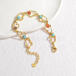 Bohemia Style 304 Stainless Steel Link Chain Bracelets for Women, with Synthetic Turquoise, Real 18K Gold Plated, Heart, 7 inch(17.7cm), heart: 11.5x19.5x4.5mm(BJEW-M082-01G-04)