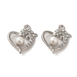 Alloy with Crystal Rhinestone Pendants, with Resin Imitation Pearl, Heart with Dolphin Charms, Platinum, 19.5x18x8.5mm, Hole: 1.8mm(FIND-B032-13P-01)