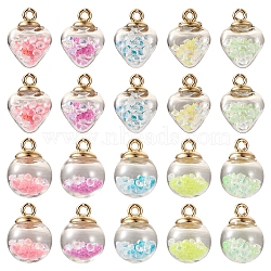 50Pcs 10 Styles Glow in the Dark Luminous Glass Globe Pendants, with Glass Rhinestone Inside and Golden Pendant Bails, Round & Heart Charms, Mixed Color, 20~22x15~16x9~16mm, Hole: 2~2.5mm, 5Pcs/style(FIND-TA0002-24)