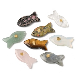 Natural & Synthetic Mixed Gemstone Pendants, Fish Charms with Golden Tone 304 Stainless Steel Sun Slices, 39~41x18.8~19.5x7~7.5mm, Hole: 1.2mm(G-K385-21G)
