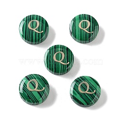 Synthetic Malachite Beads, with Golden Tone Brass Slices, Flat Round with Letter, Letter Q, 15x5mm, Hole: 1.4mm(G-A238-01Q)