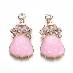 Light Gold Plated Alloy Enamel Pendants, with Crystal Rhinestone, Dress, Pink, 27.5x13.5x3.5mm, Hole: 1.5mm(PALLOY-TAC0011-05)