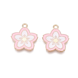 Light Gold Plated Alloy Enamel Pendants, Cadmium Free & Lead Free, Flower Charms, Pink, 19.5x18x1.5mm, Hole: 1.8mm(PALLOY-N176-28C-RS)