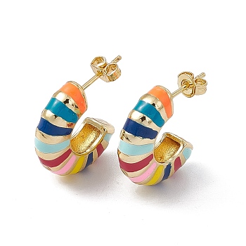 Brass Colorful Enamel Stud Earrings for Women, Rack Plating, Long-Lasting Plated, Lead Free & Cadmium Free, Donut, Real 18K Gold Plated, 20.5x22.5x5.5mm, Pin: 0.8mm