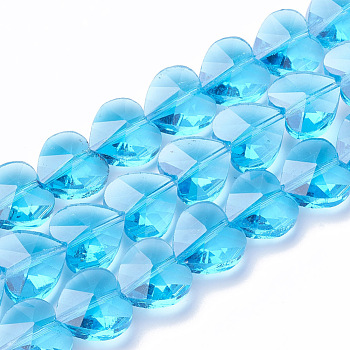 Transparent Glass Beads, Faceted, Heart, Deep Sky Blue, 14x14x8.5mm, Hole: 1mm
