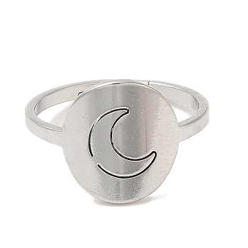 304 Stainless Steel Adjustable Rings, Flat Round with Moon, Stainless Steel Color, US Size 6 1/4(16.7mm)