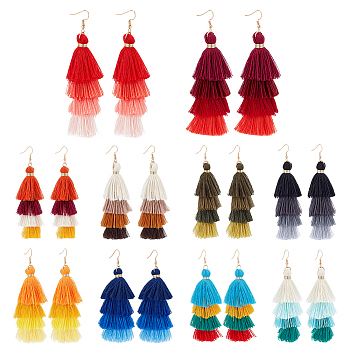 10 Pairs 10 Colors Multi-layer Cotton Tassel Dangle Earrings, Brass Long Drop Earrings for Women, Mixed Color, 105mm, Pin: 0.6mm, 1 Pair/color