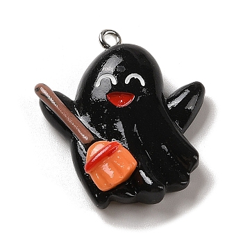Opaque Resin Pendants, Halloween Charms with Platinum Tone Alloy Loops, Black, Ghost with Broom, 30.5~31x26.5x8mm, Hole: 1.5mm